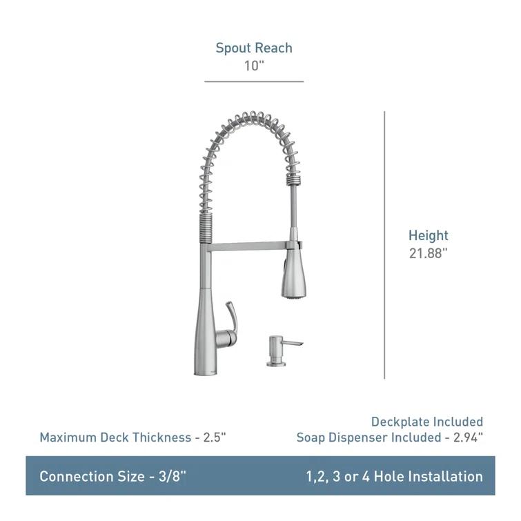 Moen Essie Pre-Rinse Spring Pull Down Single Handle Kitchen Faucet with Power Clean Technology and Soap Dispenser