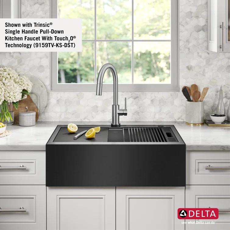 Delta Rivet™ Black Stainless Steel Retrofit Farmhouse Apron Front 16 Gauge Workstation Kitchen Sink Single Bowl