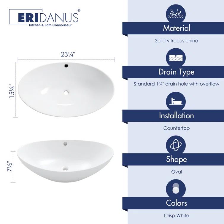 Eclisse 23" x 15" White Vitreous China Oval Bathroom Vessel Sink with Overflow