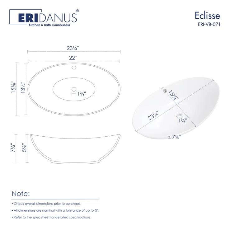 Eclisse 23" x 15" White Vitreous China Oval Bathroom Vessel Sink with Overflow
