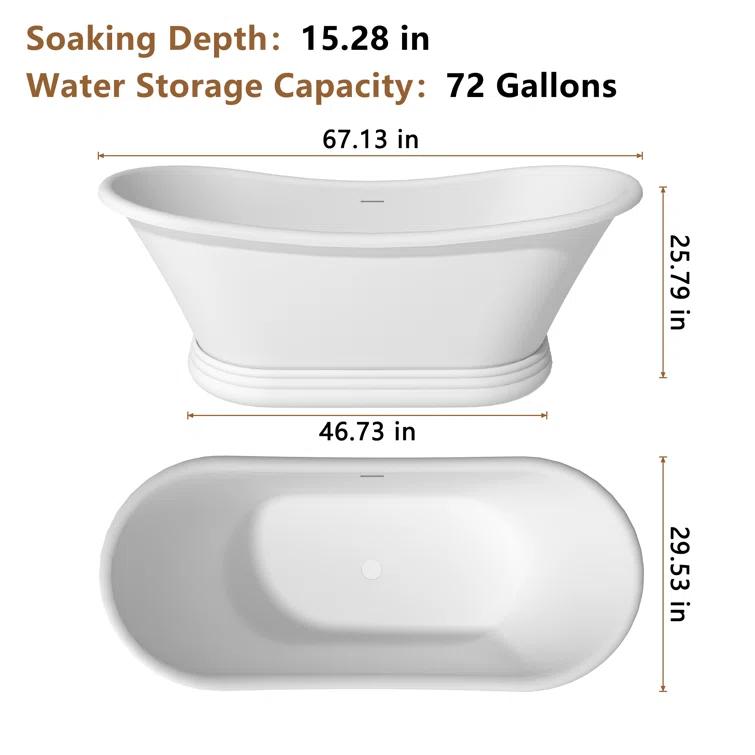 CASAINC Crescent 67.13"x 29.53" Solid Surface Stone Freestanding Soaking Bathtub CA06004S67MW