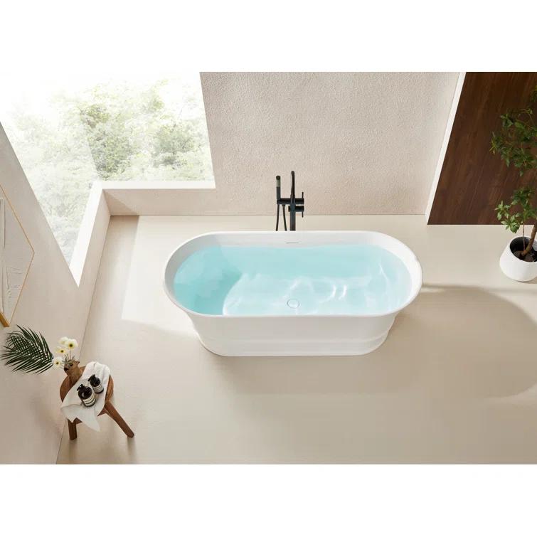 59" x 27.5" Freestanding Soaking Stone Resin Bathtub with Pure White Overflow and Pop Up Drain