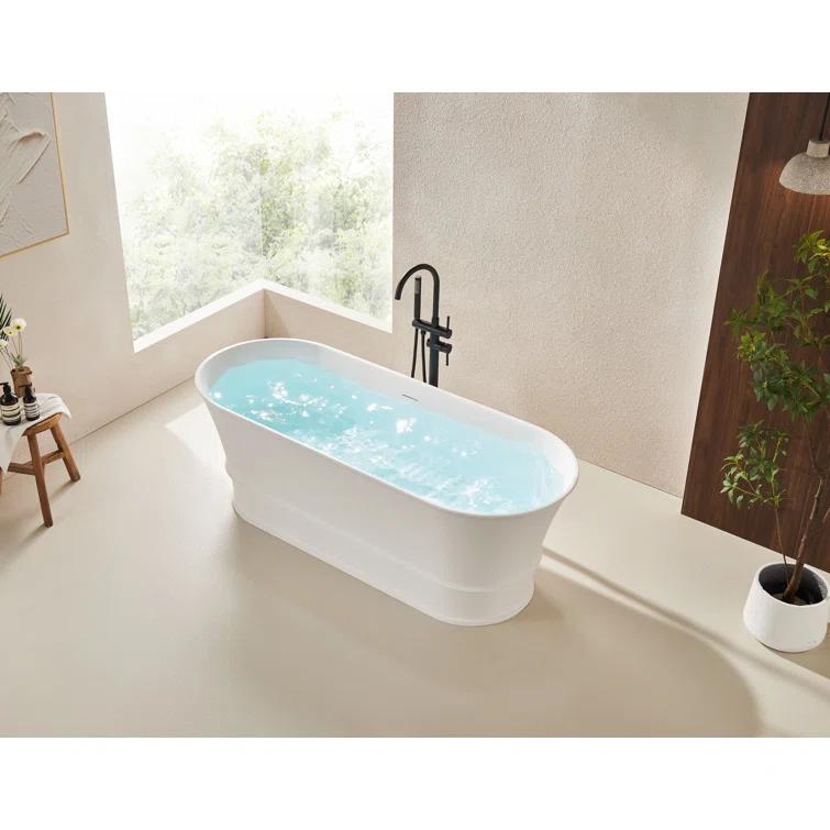 59" x 27.5" Freestanding Soaking Stone Resin Bathtub with Pure White Overflow and Pop Up Drain