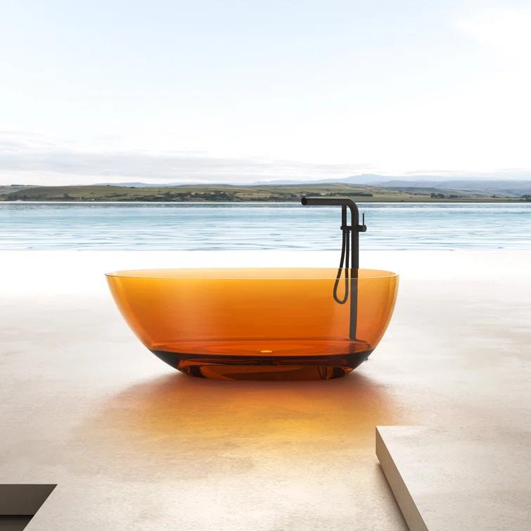 67" x 33.5" Freestanding Soaking Stone Resin Bathtub with Polished Chrome Pop Up Drain