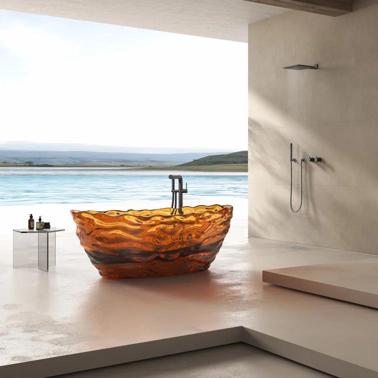 69" x 29.5" Freestanding Soaking Stone Resin Bathtub with Polished Chrome Pop Up Drain