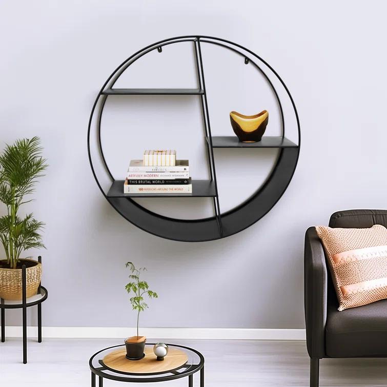 Latitude Run® Modern Metal Wall Shelf with Round Geometric Frame and Tiered Open Storage