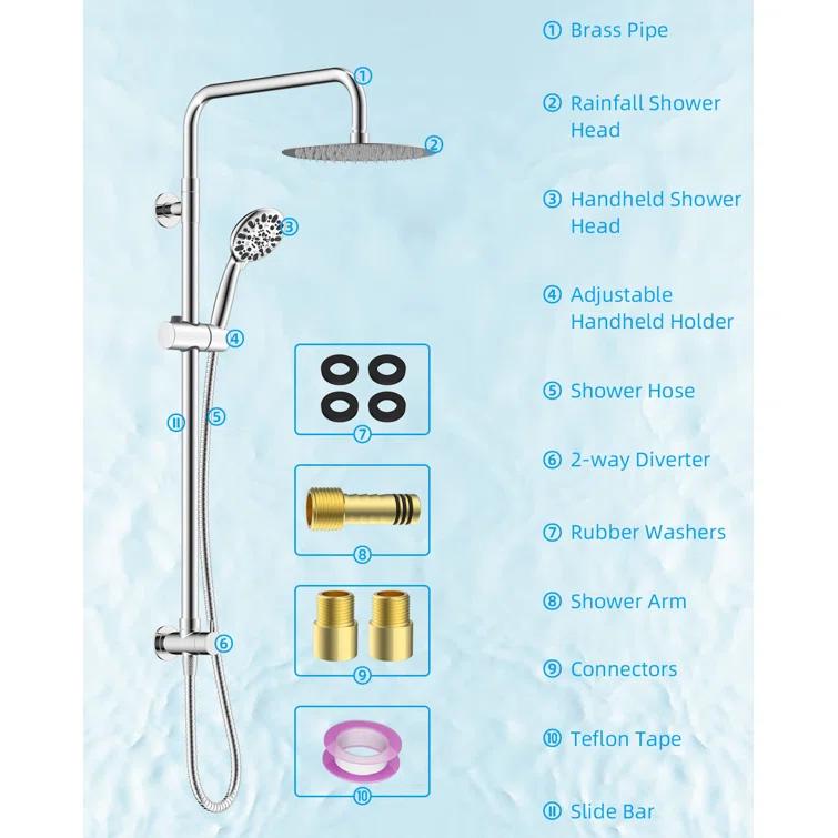 All Metal High Pressure Rainfall Shower Head System, Handheld Shower Combo with Slide Bar