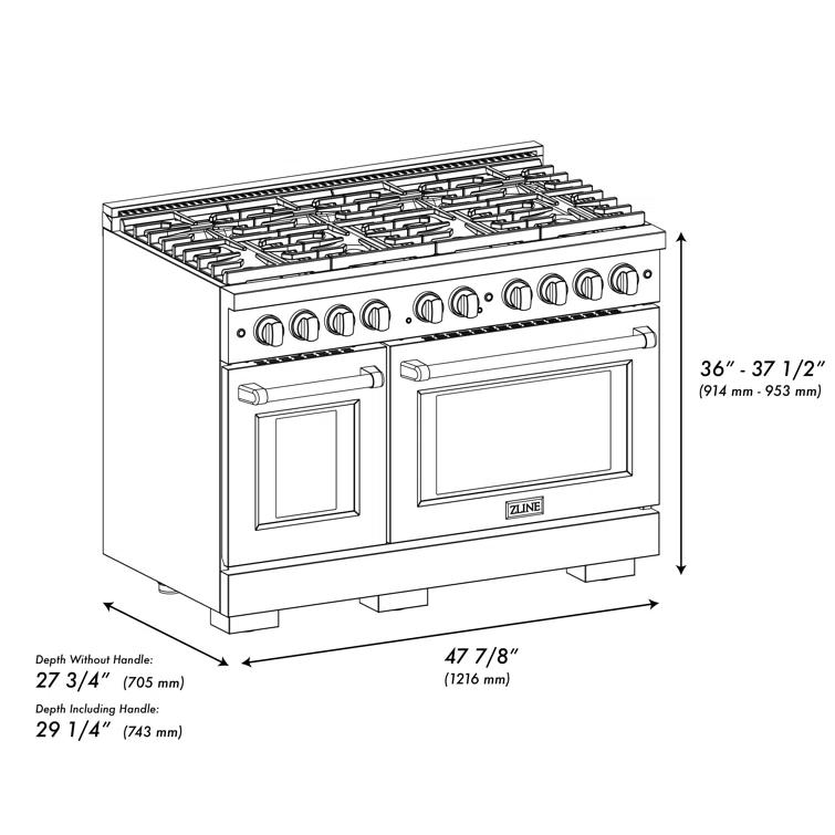 ZLINE 48 in. 6.7 cu. ft. Paramount Double Oven Gas Range W/ 8 Burner Cooktop in Black Stainless Steel (SGRB-48)