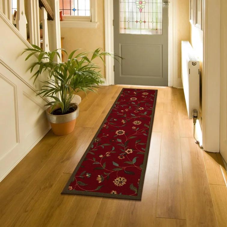 Ottohome Non-Slip Floral Leaves Area Rug For Living Room, Hallway, Entryway Rug, Dark Red