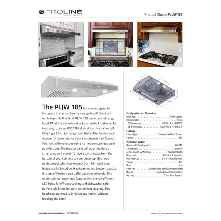 ProLine Range Hoods PROLINE 36" 600 CFM Ducted Under Cabinet Range Hood in Brushed Stainless Steel