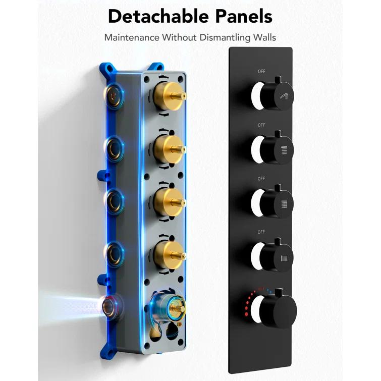 DualJetSpa 15-Spray Patterns 16" & 6" Dual Shower Head, Shower FaucetSystem with Thermostatic Rough-in Valve and Body Jets