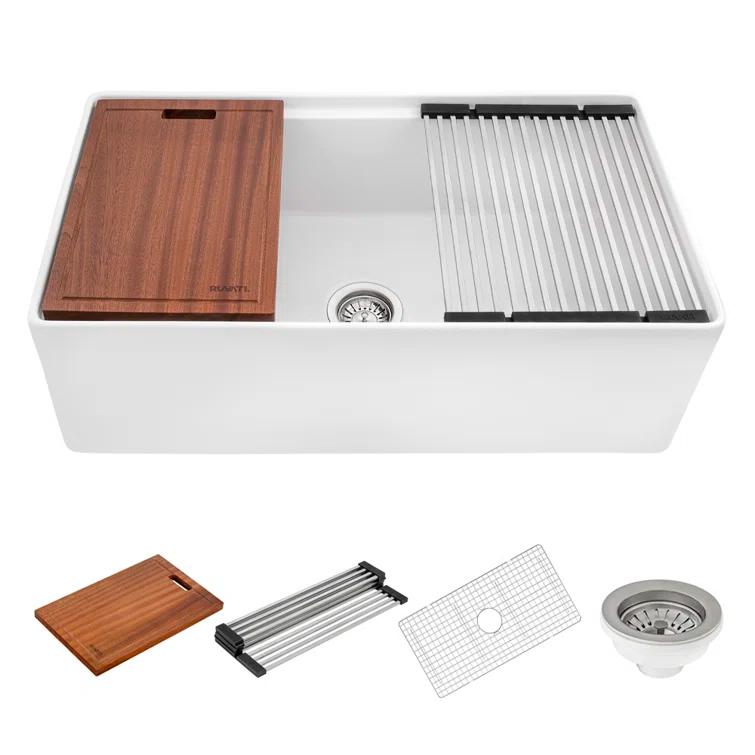 Ruvati 33 inch Fireclay Workstation Farmhouse Kitchen Sink Apron Front Single Bowl