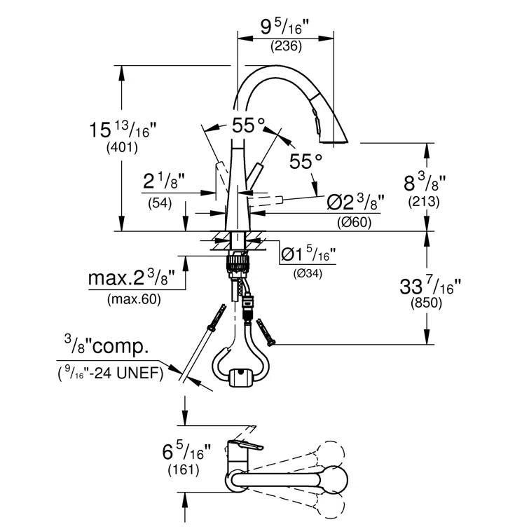 ZEDRA Single-Handle Pull Down Kitchen Faucet Triple Spray 1.75 GPM