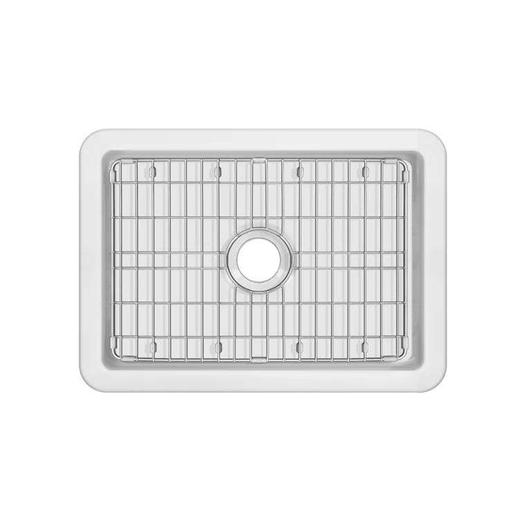 Glossy White Fireclay Drop-in Single Bowl Kitchen Sink with Stainless Steel Grid
