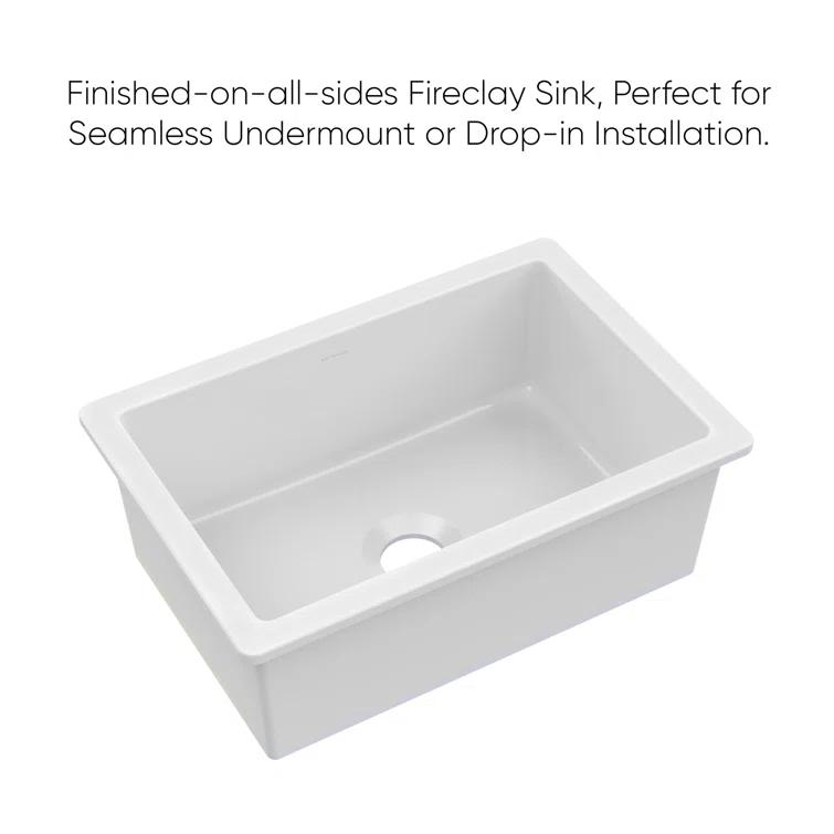 Glossy White Fireclay Drop-in Single Bowl Kitchen Sink with Stainless Steel Grid