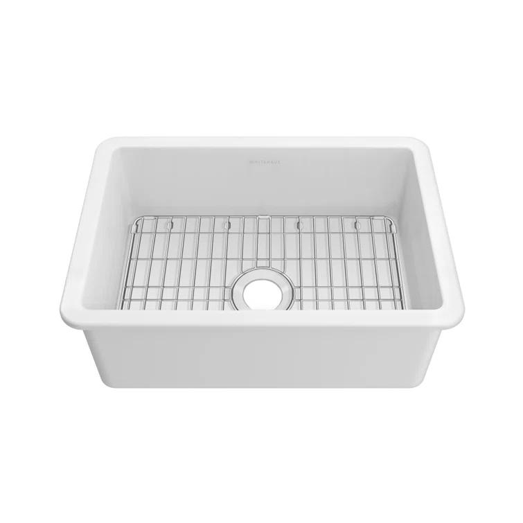 Glossy White Fireclay Drop-in Single Bowl Kitchen Sink with Stainless Steel Grid