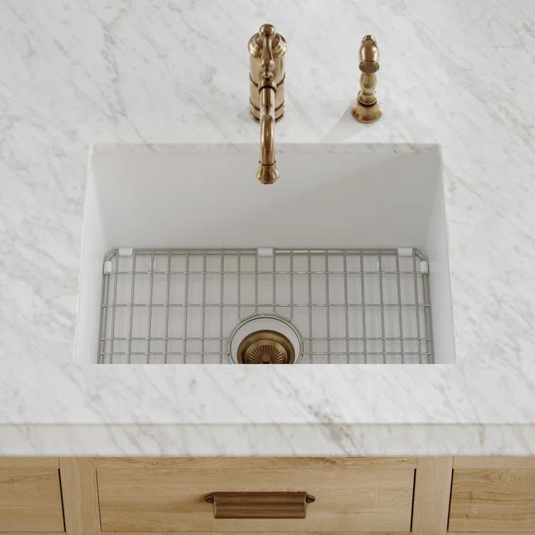 Glossy White Fireclay Drop-in Single Bowl Kitchen Sink with Stainless Steel Grid