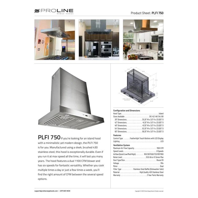 PROLINE 36" 1100 CFM Ducted Island Range Hood in Brushed Stainless Steel