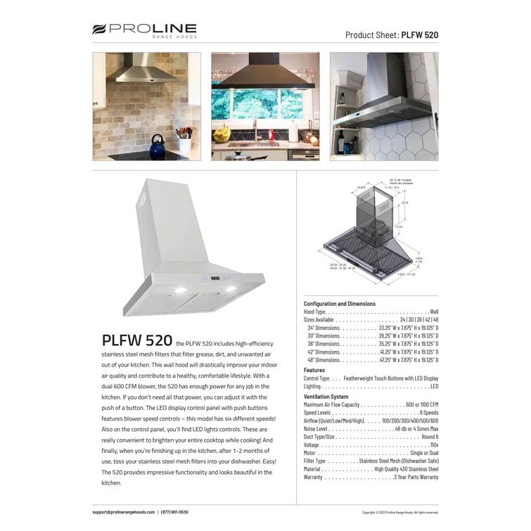 ProLine Range Hoods PROLINE 30" 600 CFM Convertible Wall Mount Range Hood in Brushed Stainless Steel