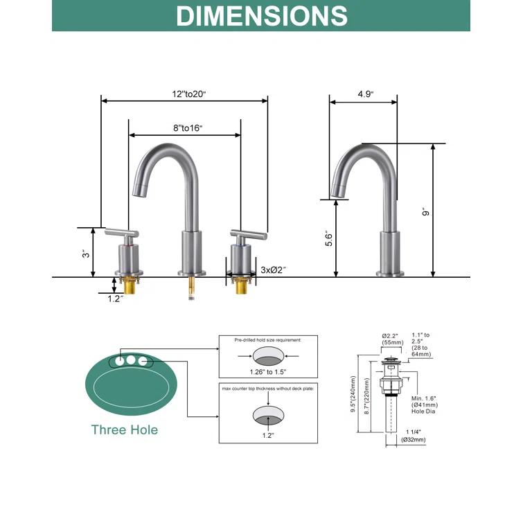 WOWOW 2325200 Widespread Bathroom Faucet 2-handle Bathroom Sink Faucet with Drain Assembly