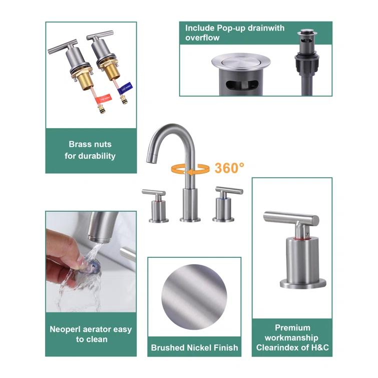 WOWOW 2325200 Widespread Bathroom Faucet 2-handle Bathroom Sink Faucet with Drain Assembly