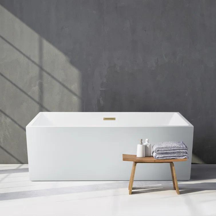58" Streamline Freestanding Soaking Acrylic Bathtub With Drain and Bamboo Tray