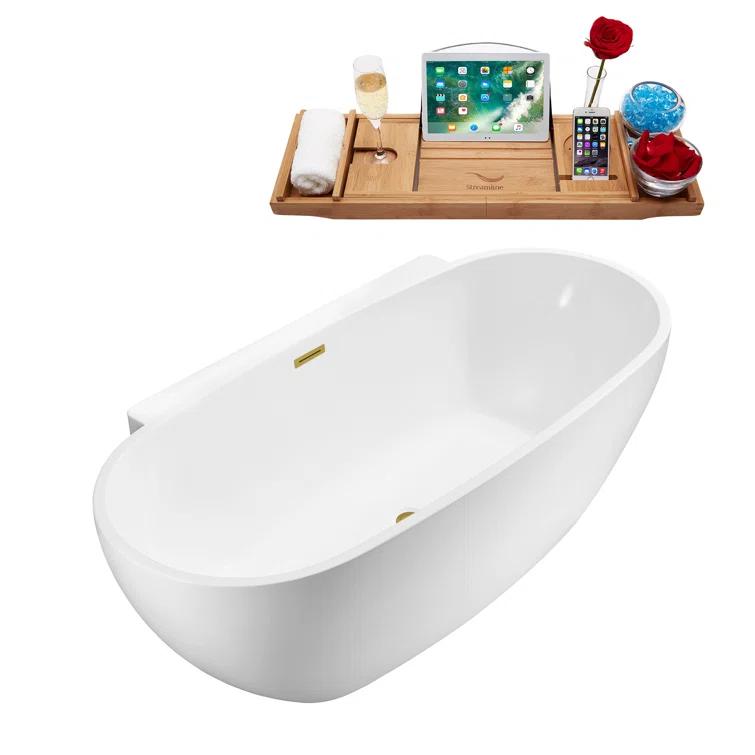 59" Streamline Freestanding Soaking Acrylic Bathtub With Drain and Bamboo Tray