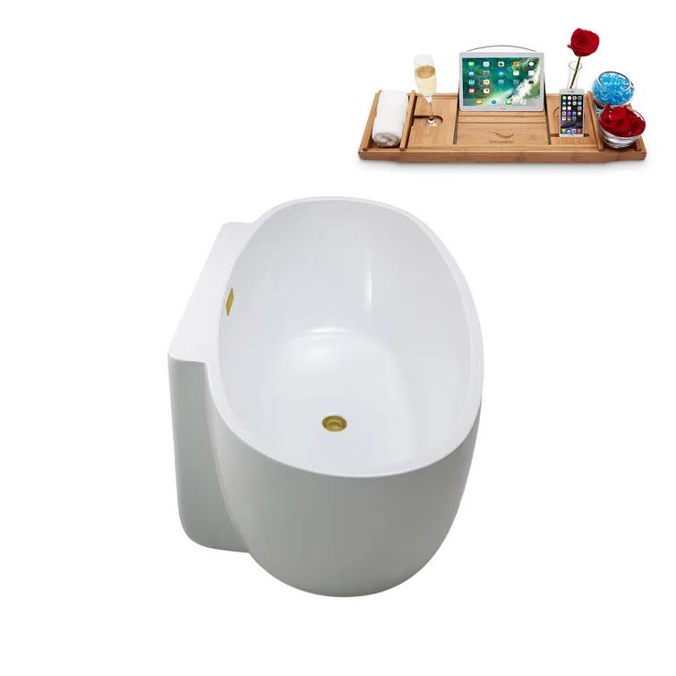 59" Streamline Freestanding Soaking Acrylic Bathtub With Drain and Bamboo Tray