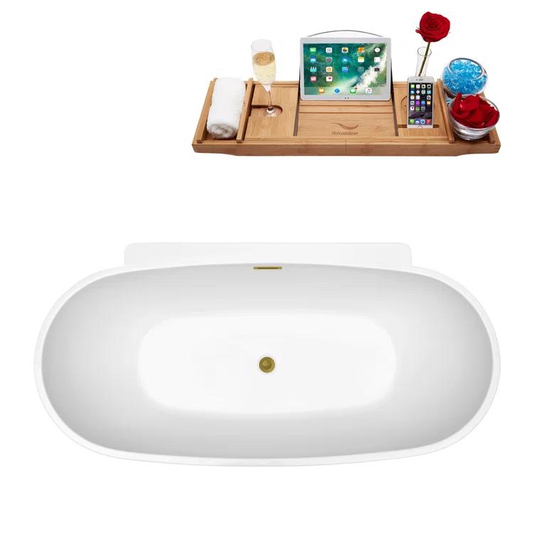 59" Streamline Freestanding Soaking Acrylic Bathtub With Drain and Bamboo Tray