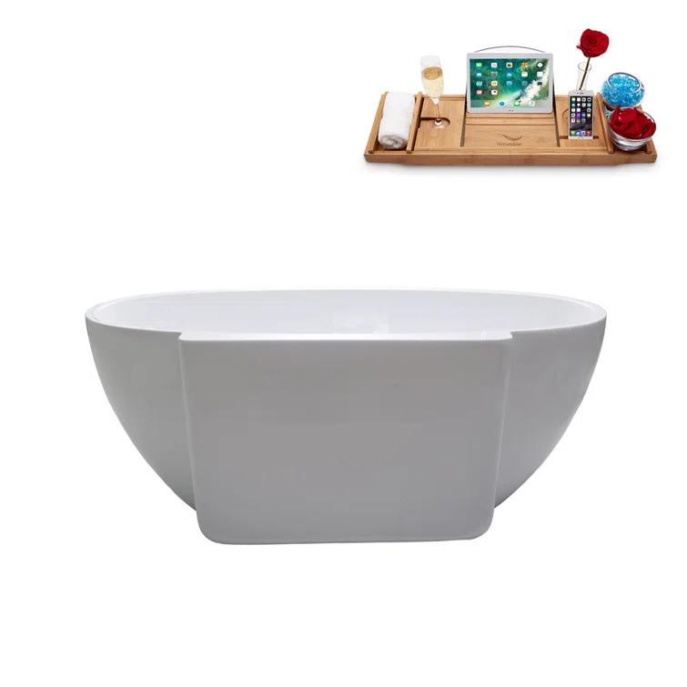 59" Streamline Freestanding Soaking Acrylic Bathtub With Drain and Bamboo Tray