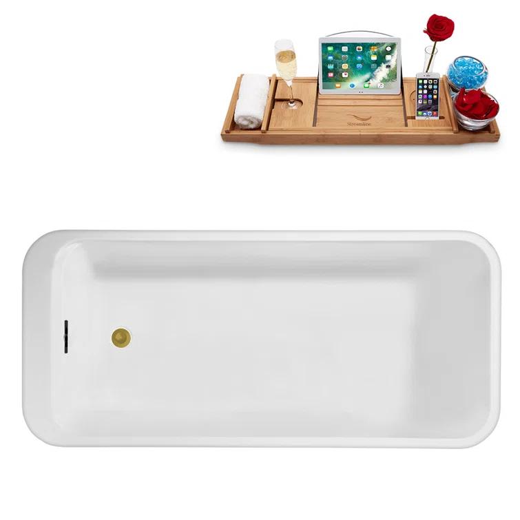 63" Streamline Freestanding Soaking Acrylic Bathtub With Drain and Bamboo Tray