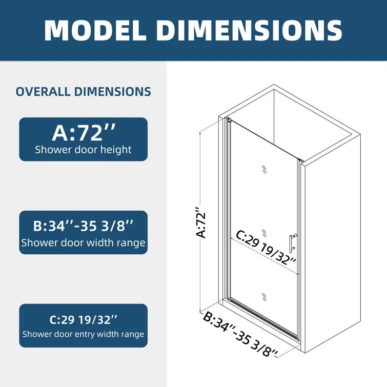 ACE DECOR AD053472 34" W x 72" H Frameless Pivot Shower Door, 1/4" (6mm) Clear SGCC Tempered Glass