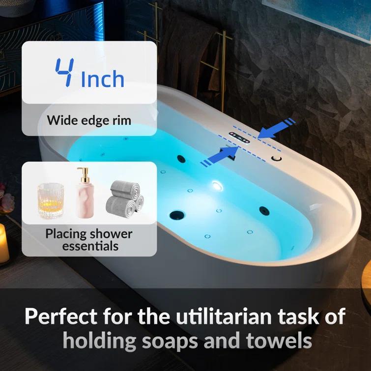 72" x 35-3/8" Whirlpool and Air Bath Heated Soaking Combination Tub with Wide Rim, LED Control Panel