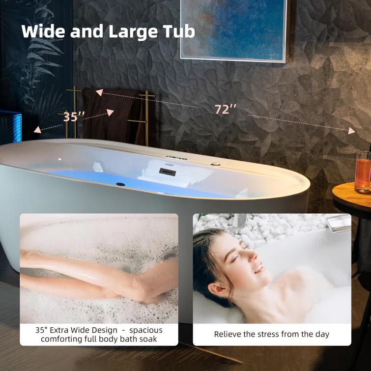 72" x 35-3/8" Whirlpool and Air Bath Heated Soaking Combination Tub with Wide Rim, LED Control Panel