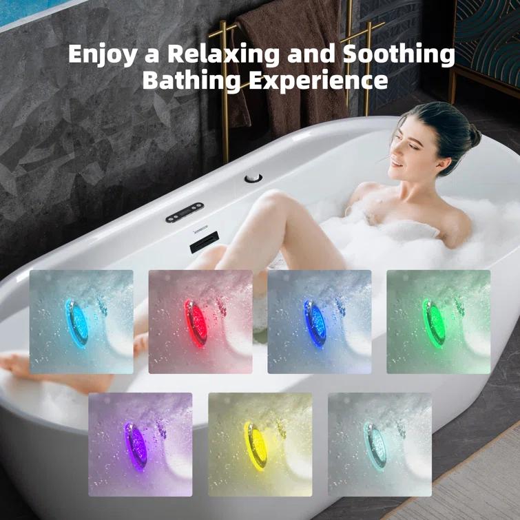 72" x 35-3/8" Whirlpool and Air Bath Heated Soaking Combination Tub with Wide Rim, LED Control Panel