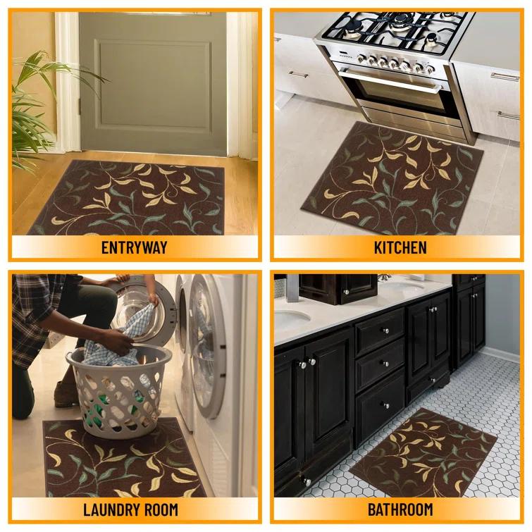 Ottohome Non-Slip Leaves Area Rug For Living Room, Hallway Runner, Entryway Rug, Brown