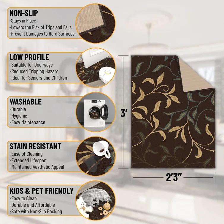 Ottohome Non-Slip Leaves Area Rug For Living Room, Hallway Runner, Entryway Rug, Brown