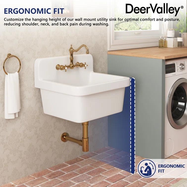 DeerValley 24"×19.7" Vitreous China Wall Mount Utility Sink Farm Style High Back Laundry Sink