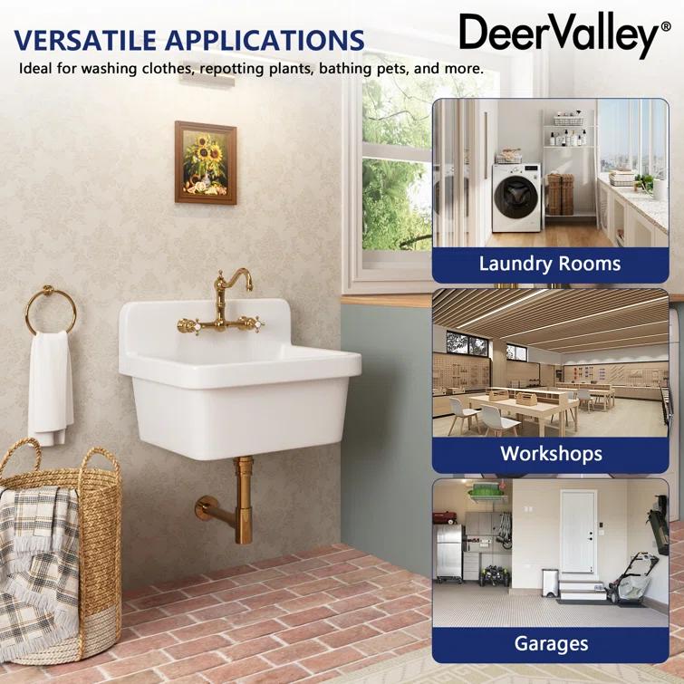DeerValley 24"×19.7" Vitreous China Wall Mount Utility Sink Farm Style High Back Laundry Sink