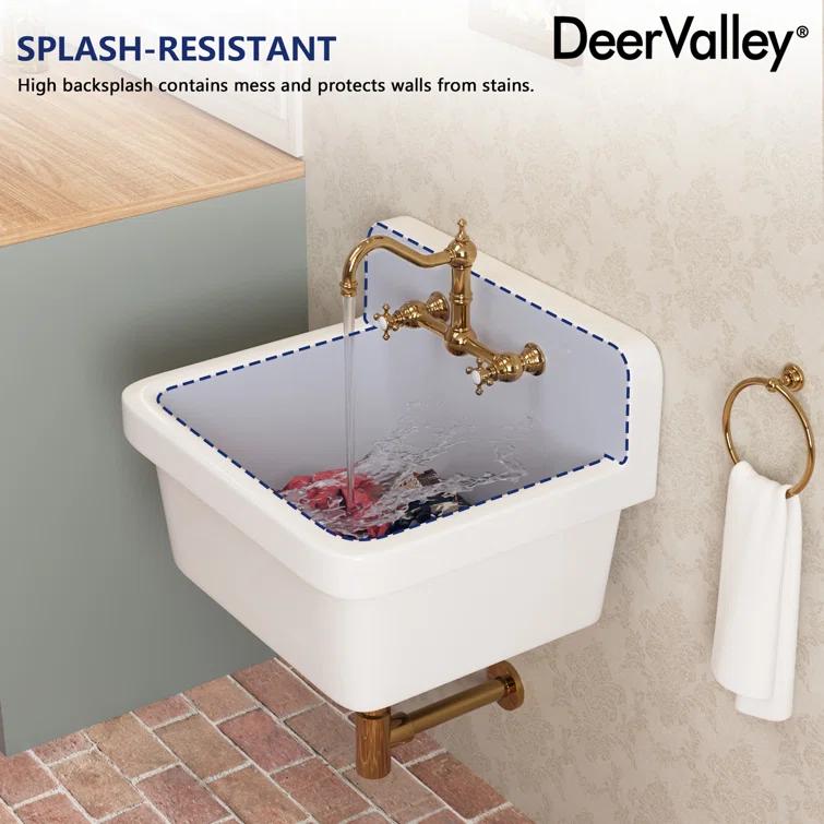 DeerValley 24"×19.7" Vitreous China Wall Mount Utility Sink Farm Style High Back Laundry Sink