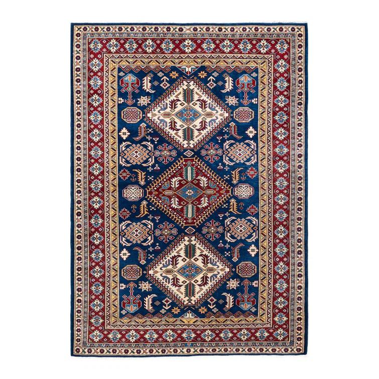 One of a Kind Hand Made Tribal Tribal Wool Area Rug Blue 5 X 7