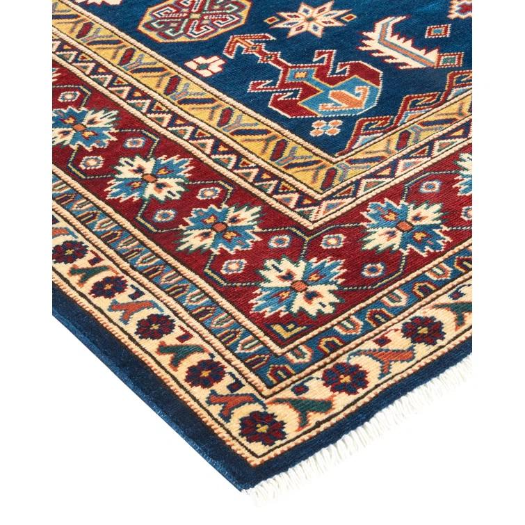 One of a Kind Hand Made Tribal Tribal Wool Area Rug Blue 5 X 7
