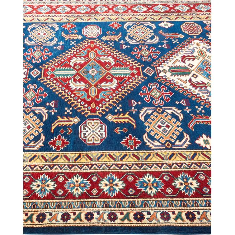 One of a Kind Hand Made Tribal Tribal Wool Area Rug Blue 5 X 7