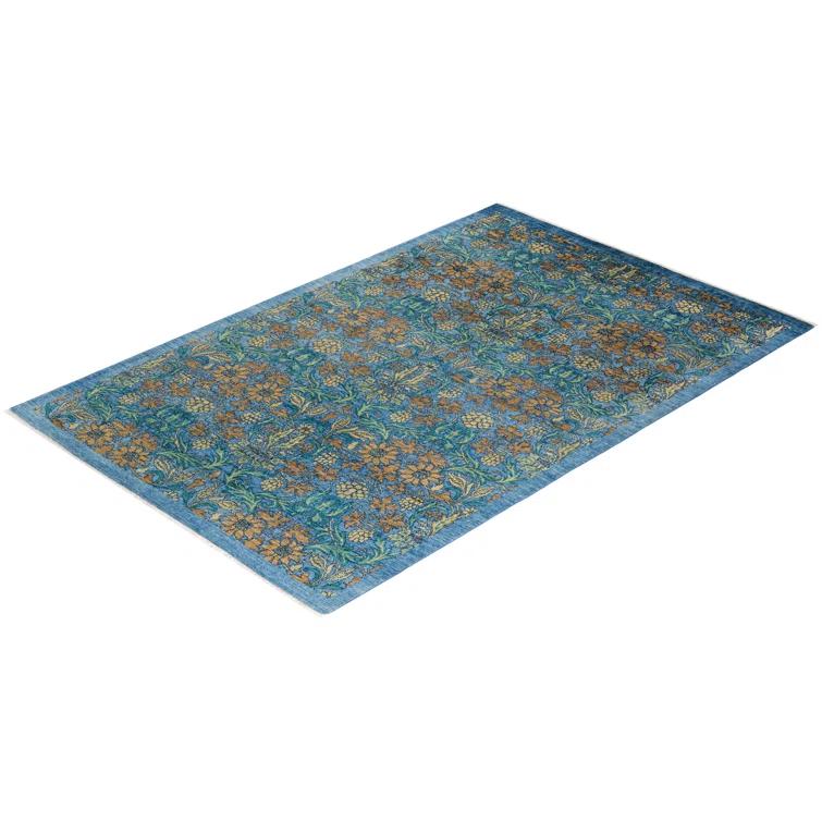 One of a Kind Hand Made Arts & Crafts Floral Wool Area Rug Blue 6 x 9