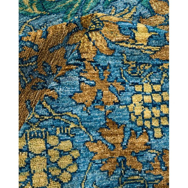 One of a Kind Hand Made Arts & Crafts Floral Wool Area Rug Blue 6 x 9