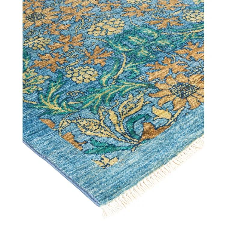 One of a Kind Hand Made Arts & Crafts Floral Wool Area Rug Blue 6 x 9