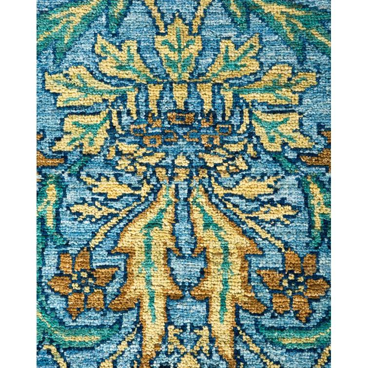 One of a Kind Hand Made Arts & Crafts Floral Wool Area Rug Blue 6 x 9