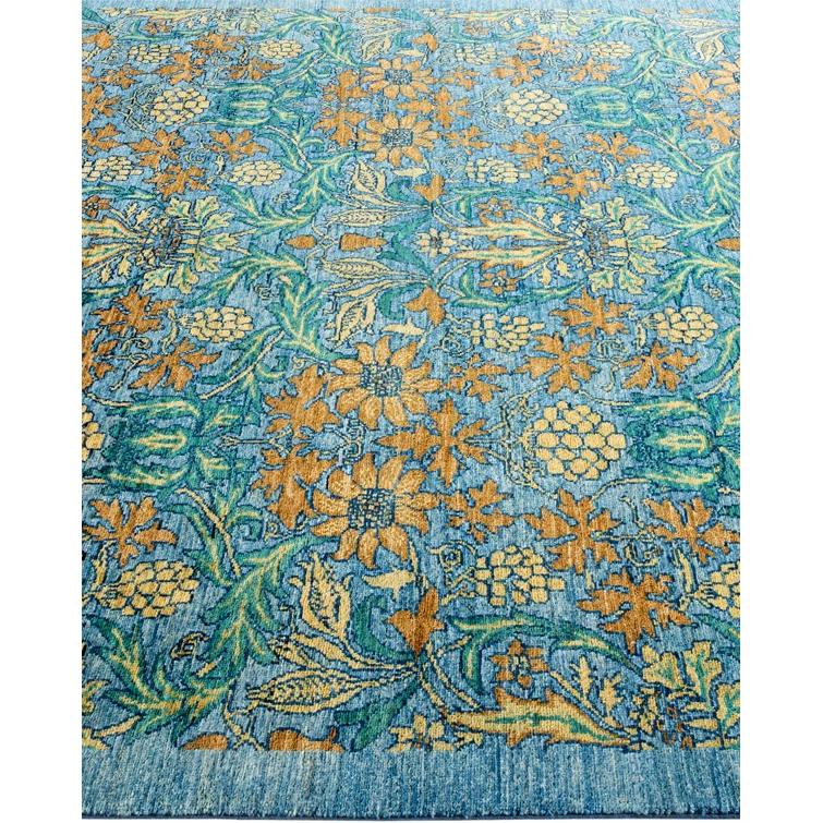 One of a Kind Hand Made Arts & Crafts Floral Wool Area Rug Blue 6 x 9