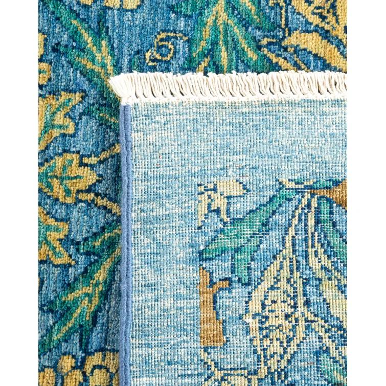 One of a Kind Hand Made Arts & Crafts Floral Wool Area Rug Blue 6 x 9