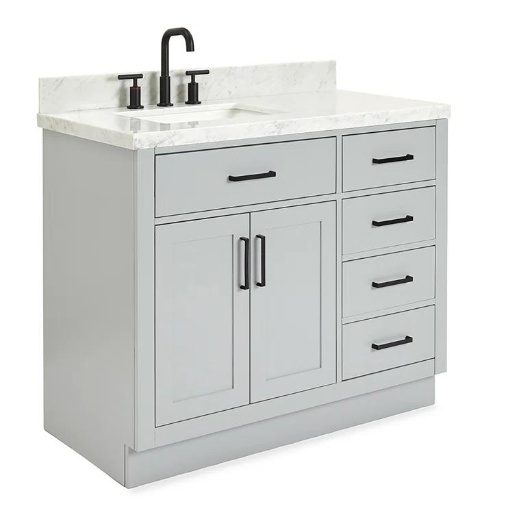 Wildon Home® Tidworth 42'' Solid Wood Single Bathroom Vanity with 1.5'' White Quartz Top, Right Offset Rectangular Sink